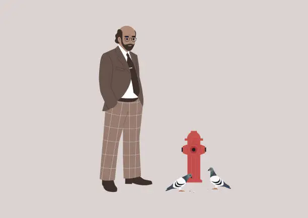 Vector illustration of A balding university professor, clad in a classic jacket and trousers, deeply contemplates something while observing pigeons on the street