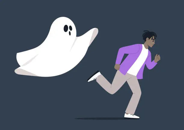 Vector illustration of Young character sprints away from the ghost of the past, a haunting and frightening moment, a symbolic escape, an effort to overcome a panic attack and break free from the grip of unsettling memories