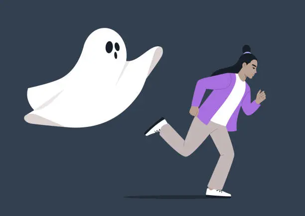 Vector illustration of Young character sprints away from the ghost of the past, a haunting and frightening moment, a symbolic escape, an effort to overcome a panic attack and break free from the grip of unsettling memories