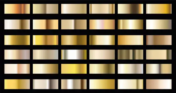 Vector illustration of Gold metal texture, metallic gold gradients. Vector golden shiny and metallic gradient collection for chrome border, frame, ribbon, label