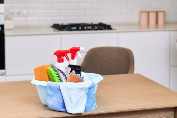 istock bucket with cleaning detergents and rags on the table 1962771910
