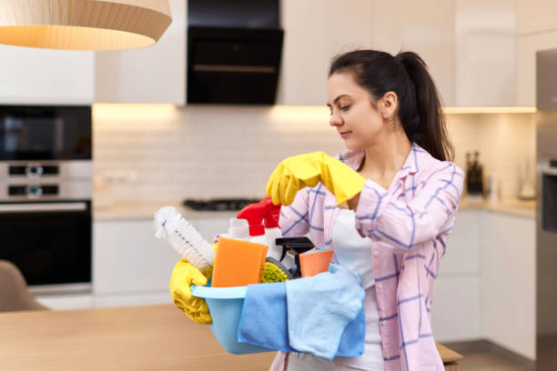 istock Woman in rubber gloves holding cleaning tools. 1962771932