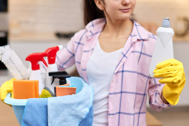 istock Woman in rubber gloves holding cleaning tools. 1962772425