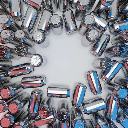 Steel cans, as seen from above, in large group, with copy space in the centre. CGI