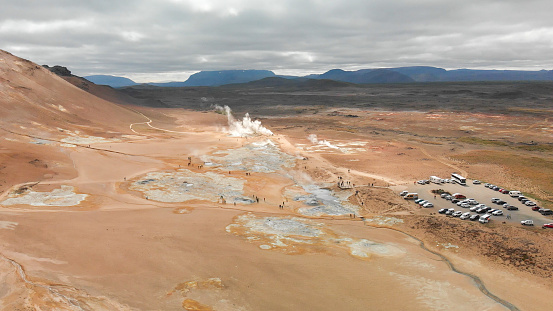 Myvatn, Iceland. Aerial view of hot springs in Hverir - Namafjall Geothermal Area.