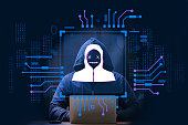 Hacker and Internet technology Crime with digital abstract hologram data background.