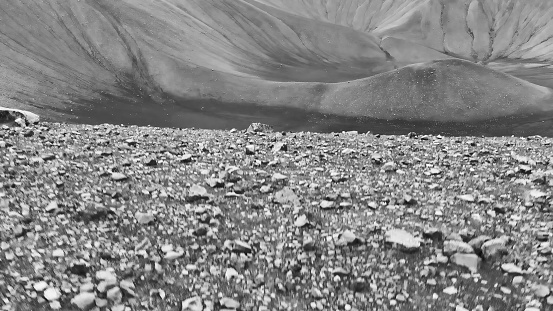 Myvatn, Iceland. Aerial view of large Hverfjall volcano crater, Tephra cone or Tuff ring volcano on overcast day.