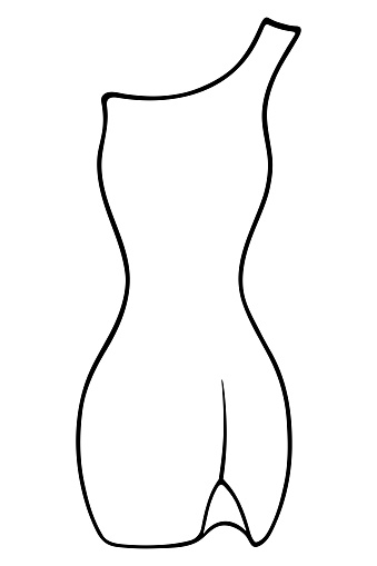 Summer dress with one strap. Sundress on one shoulder, knee length with a slit at the hip. Sketch. Women's clothing with a narrow waist. Vector illustration. Doodle style. Outline on isolated background. Coloring book for children. Ladies summer outfit. Idea for web design.