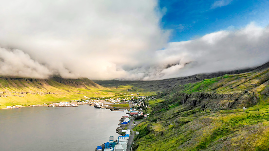 Aerial view of Seydisfjordur, a small town by the fjords at the northeast part of Iceland.