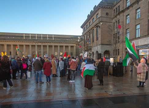 People protesting against israel palestine  at street of dundee scotland england UK
