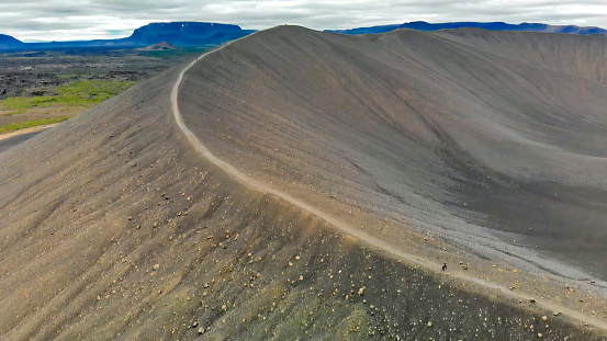 Myvatn, Iceland. Aerial view of large Hverfjall volcano crater, Tephra cone or Tuff ring volcano on overcast day.