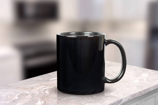 Black 11 oz. Glossy Coffee Cup Mockup in Modern Kitchen Scene