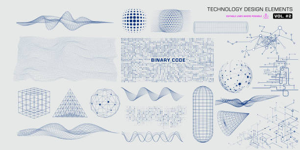 ilustrações de stock, clip art, desenhos animados e ícones de set of 3d elements - sine wave abstract panoramic pattern