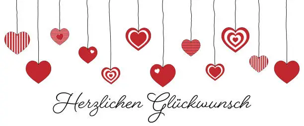 Vector illustration of Herzlichen Glückwunsch - text in German language - Congratulations.  Greeting card with hanging hearts.