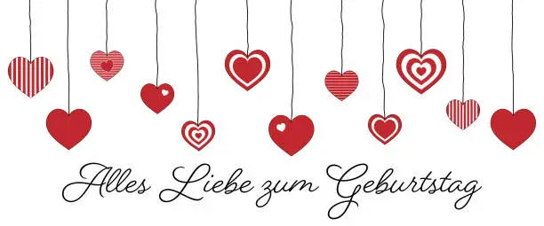 Vector illustration of Alles Liebe zum Geburtstag - text in German language - Happy Birthday. Greeting card with hanging hearts.