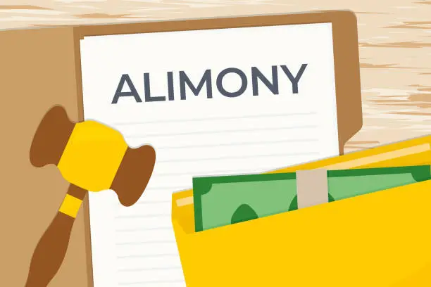 Vector illustration of alimony word written in the case files, flat lay composition with gavel and envelope with money