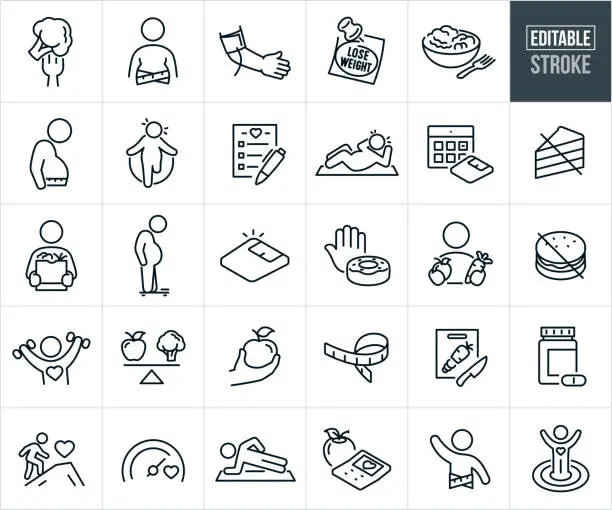 Vector illustration of Diet And Exercise Thin Line Icons - Editable Stroke