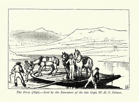Vintage illustration Sketch of The ferry, carrying horses across a river, 1836, after Edwin Landseer, Victorian animal art