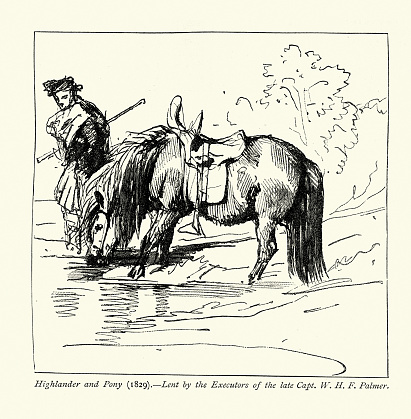Vintage illustration Sketch of The highlander and the pony, 1829, after Edwin Landseer, Victorian art