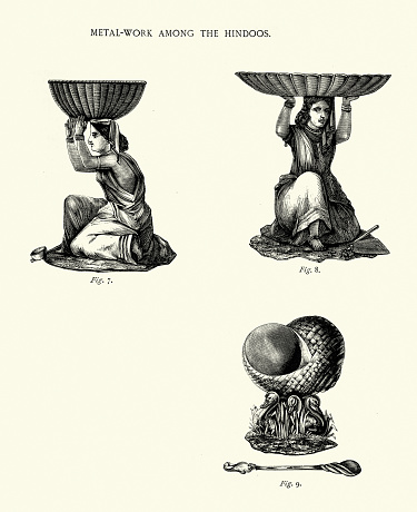 Vintage illustration Traditional Indian metal sugar bowls, Metalwork among the Hindoos, Victorian 19th Century