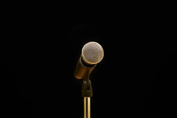 istock Microphone on a rack against a black background in close-up 1962869776