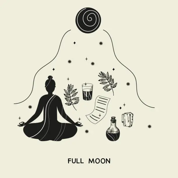 Vector illustration of Full Moon Rituals hand drawn vector illustration mystical motif Doodle background meditating woman, crystal, moon, stars, energy water magical plant. Design for lifestyle,change customs yoga spiritual