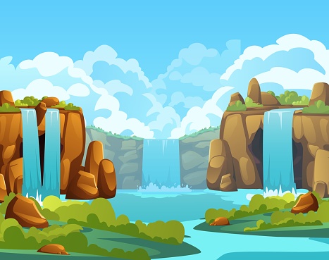 Waterfall in valley vector illustration. Cartoon summer scenery with river water falling down from mountain rocks, cliff, green bushes and blue sky. Wild canyon nature, tropical flora