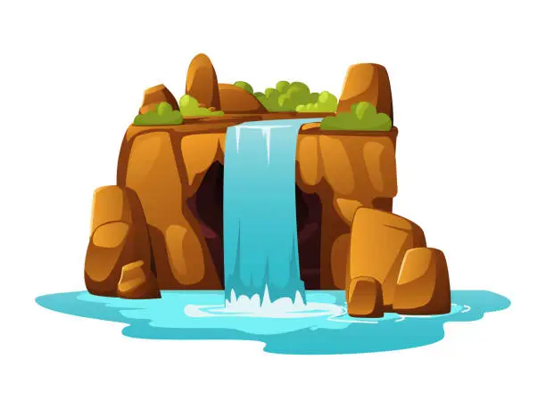 Vector illustration of Waterfall vector isolated, cartoon summer scenery with water falling down from mountain cliff in river, wild canyon