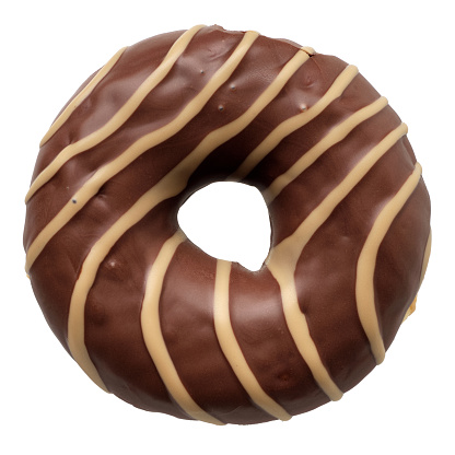 Single striped chocolate and caramel donut, isolated on white background