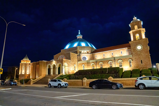 Geraldton, Australia - September 2, 2023: St Francis Church exterior view at night.