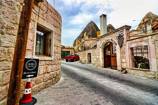 Cappadocia,Turkey , October 5, 2019 - Cobble stoned streets of charming Göreme, a UNESCO world heritage site and town in Nevsehir Province, Cappadocia Region,Turkey.
