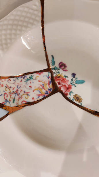 Dish with japanese kintsugi technique for repairing broken ceramics