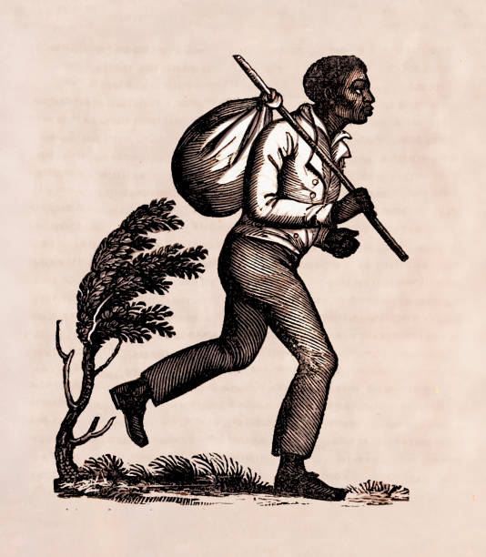 Escape to Freedom During the 19th century in the United States, images featuring African-American slaves escaping to freedom were often utilized on handbills offering rewards for their capture. These visuals served as powerful propaganda tools, with Southern plantation owners using them to reclaim perceived property, while abolitionists used similar imagery to raise awareness and aid escaped slaves. bounty hunter stock illustrations