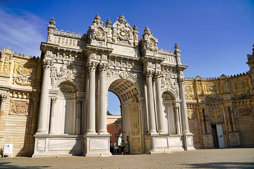 Istanbul,Turkey , October 4, 2019 - The Imperial Entrance Gate of the Dolmabahce Palace, built in 1856 as a imperial palace for the last of the Ottoman sultans in Istanbul, Turkey