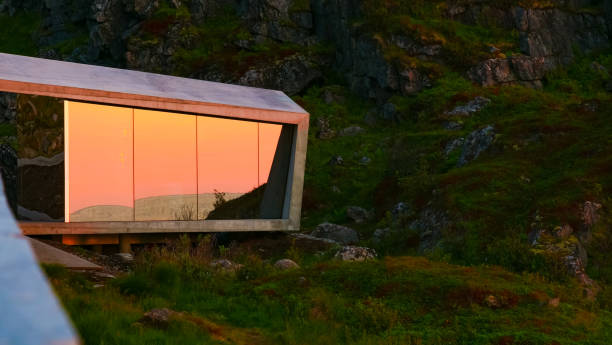 Bukkekjerka stopover, Andoya island Norway Mirrored toilet at Bukkekjerka rest stop location, viewing point. Andoya island Vesteralen archipelago, Norway. stopover stock pictures, royalty-free photos & images