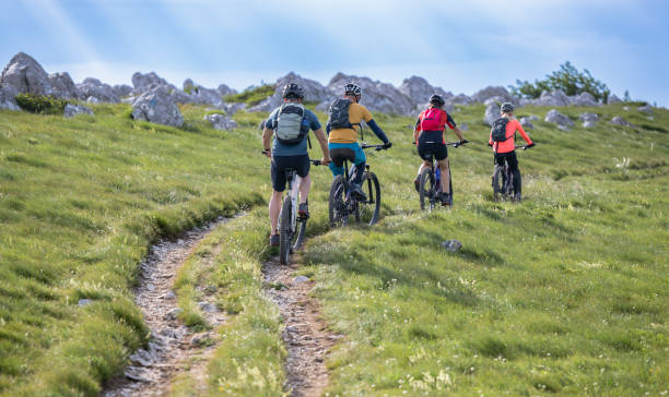 istock Group Of Cyclists Riding Electric Mountain Bikes 1962951023