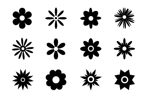 Flower icon silhouettes isolated on white background. Simple daisy flowers black silhouettes set. Vector illustration
