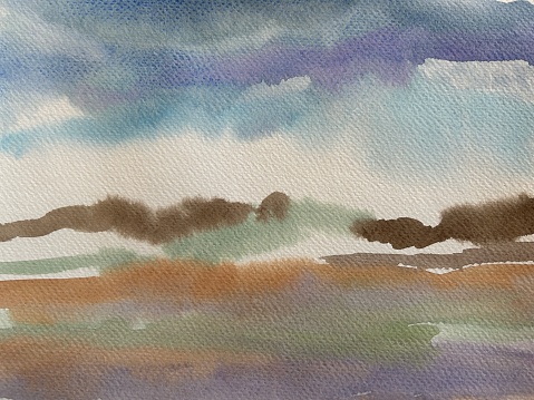 Original watercolour background painting in purple, green and brown.