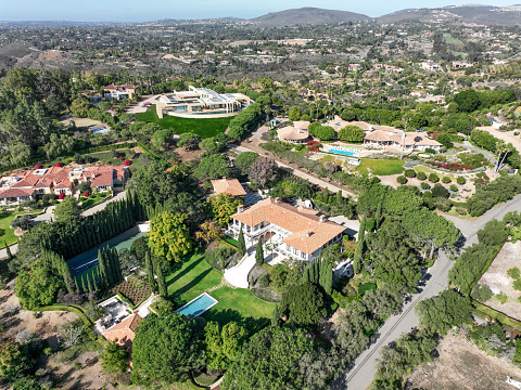 Aerial view over Rancho Santa Fe super wealthy town in San Diego, California, USA