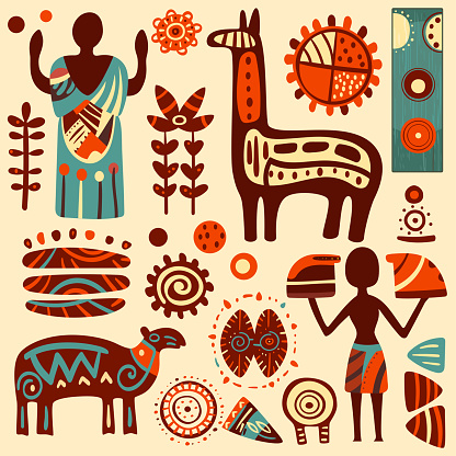 Set of eye-catching ethnic ornament. African tribal motifs. Can be used for card, banner, background, flyer, placard, gift tags, labels or posters templates. Vector illustration EPS8