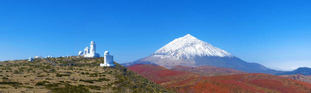 panoramic, panorama view of Teide Observatory and Mount Teide, Pico de Teide panoramic, panorama view of Teide Observatory and Mount Teide, blue sky, fine weather, Tenerife, Canary Islands, Spain, Europe observatory tenerife canary islands el teide national park stock pictures, royalty-free photos & images