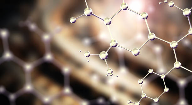 istock Horizontal banner with model of abstract molecular structure. Background of blue color with glass atom model. Copy space for your text. 3d render 1962994372