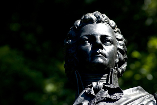 Bronze statue, portrait, of Wolfgang Amadeus Mozart on the Kapuzinerberg, Salzburg, Tyrol, Austria