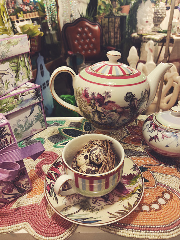 antique english ceramic tea service in an retro vintage antique shop