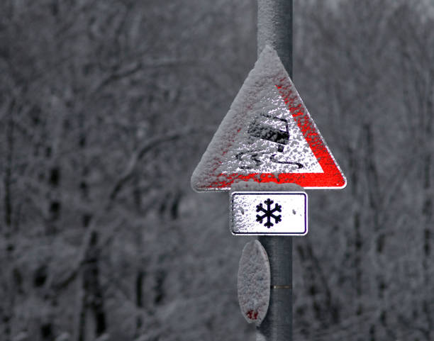 a german traffic sign caution danger of skidding in winter snowfall, illuminated by the camera flash
