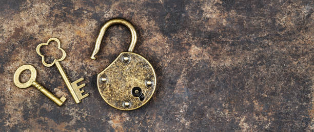 istock Vintage keys and padlock, escape room game, winning banner 1963027046