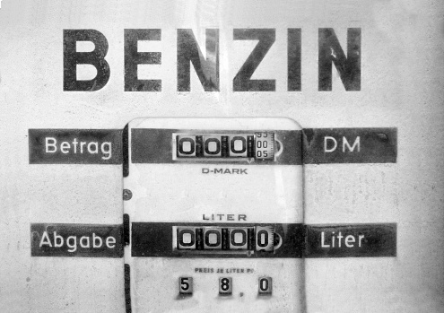 counter of an old German petrol pump, German marks, Deutsche Mark and Pfennig are shown