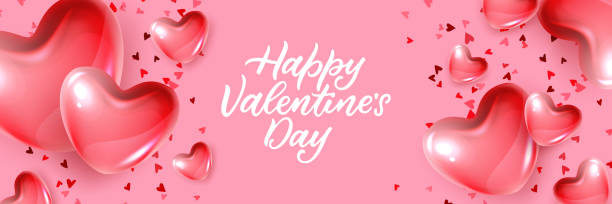 istock Valentines Day poster or banner design template. Vector illustration. Pink background with red realistic 3d glass hearts 1963036268