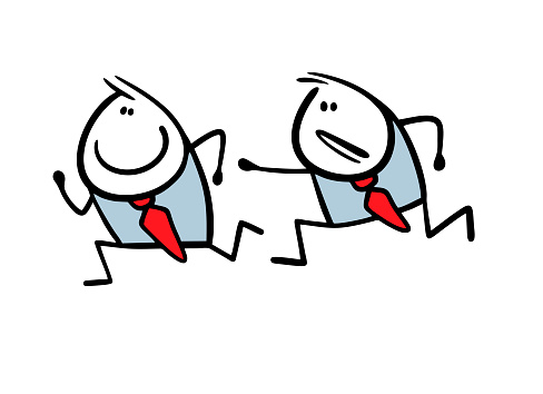 Vector illustration of concept of competition in business. Cartoon businessman runs to success, disgruntled work colleague catches up with him. Luck and failures. Isolated picture on white background.