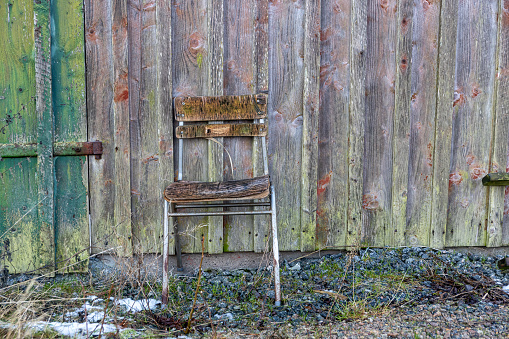 old tattered wingback chair in forest